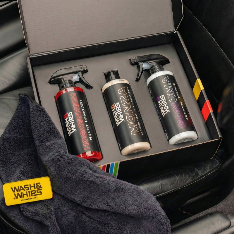 Load image into Gallery viewer, WASH&amp;WHIPS MotoPro Motorcycle Detailing Kit - Bug Remover, Leather Care, Ceramic Spray
