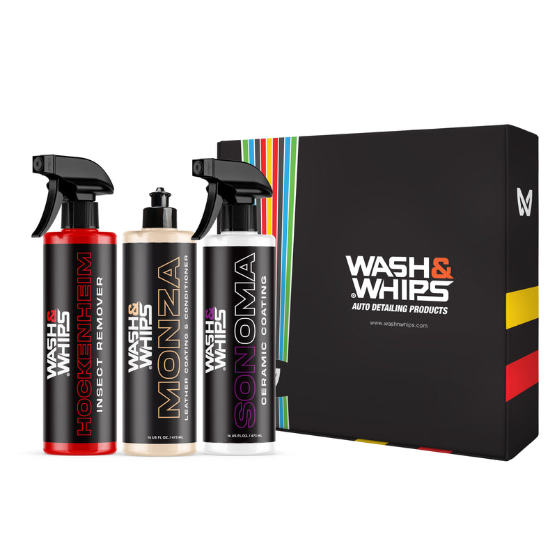 Load image into Gallery viewer, WASH&amp;WHIPS MotoPro Motorcycle Detailing Kit - Bug Remover, Leather Care, Ceramic Spray
